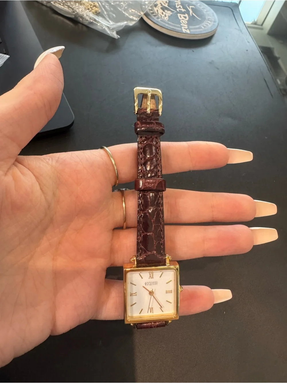 Ecclissi Gold Tone Square Watch with White Roman Dial & Brown Croc Leather Strap